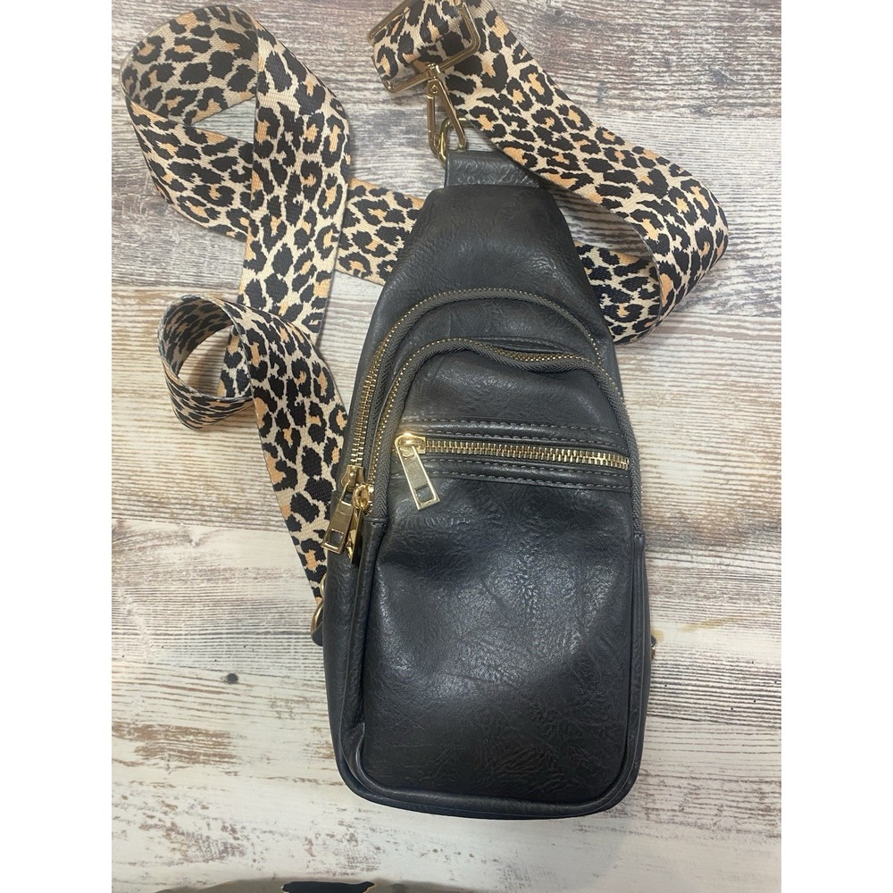 Riley Sling Vegan Leather 3 Pocket Cross Body Bag Leopard Print Strap Black